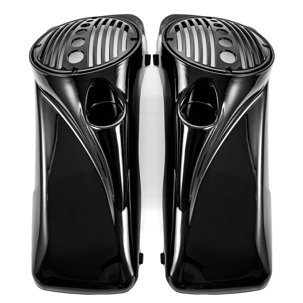 Chrome and black speaker lids with striped grille inserts and tweeter port openings