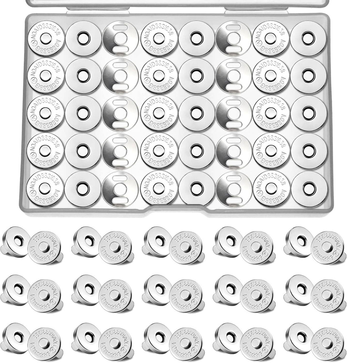 14mm magnetic snap fasteners, round metal discs with matching caps, lined up