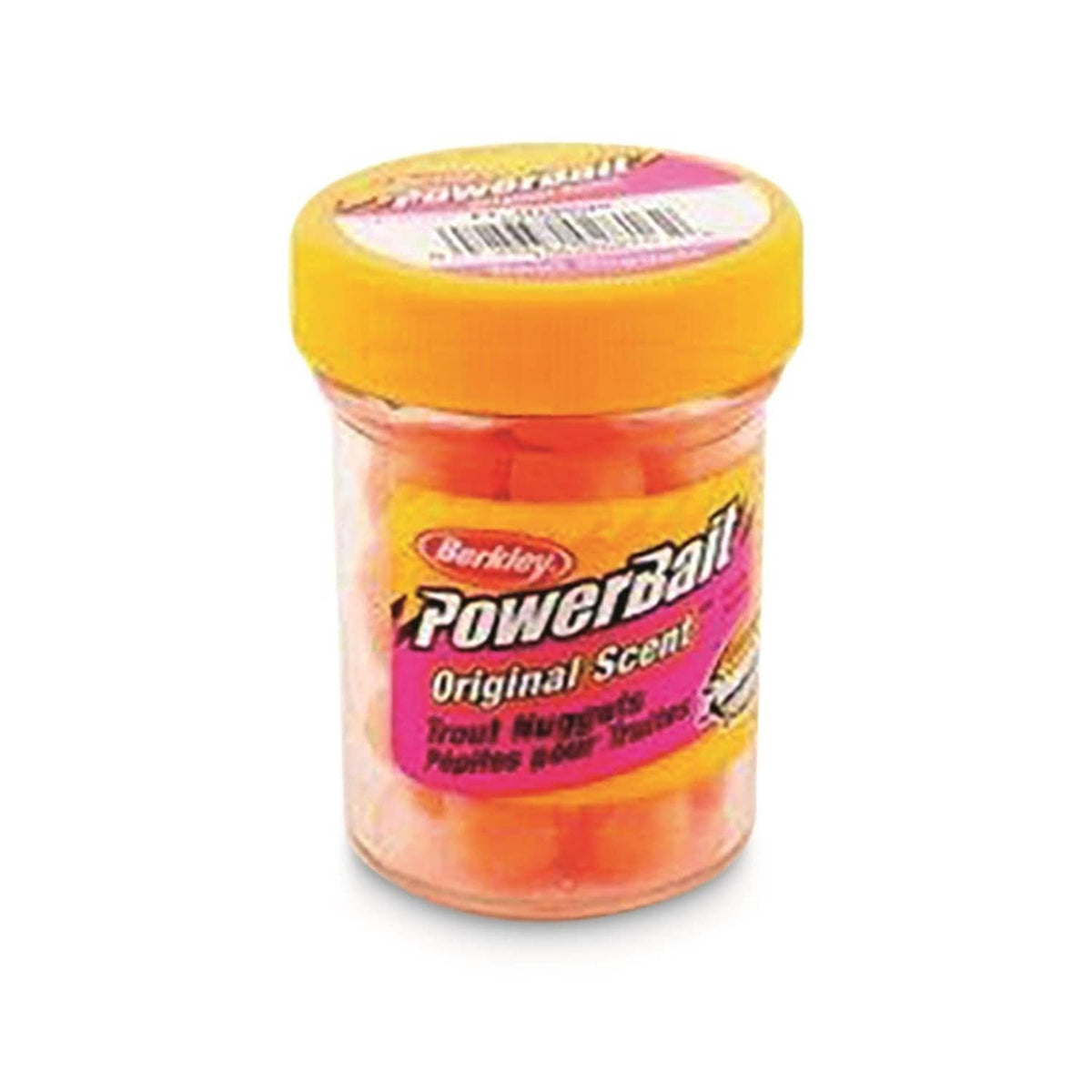 Berkley PowerBait Original Scent trout nuggets jar with orange bait nuggets in clear container