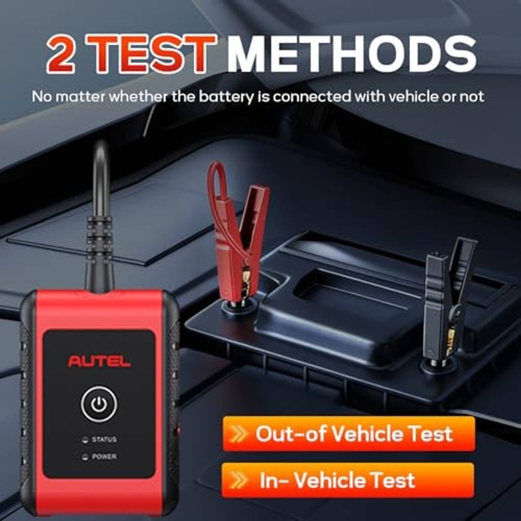 Red battery tester with clamp leads for in-vehicle and out-of-vehicle testing