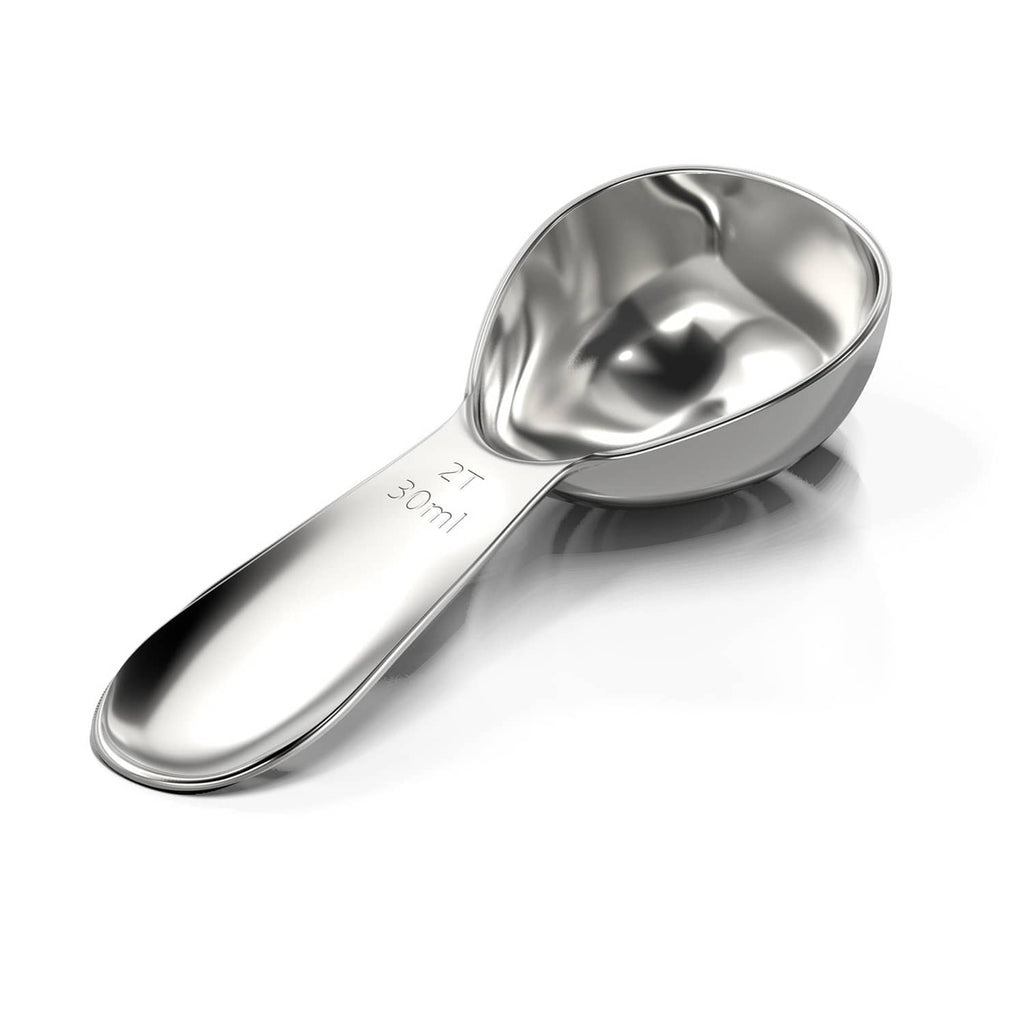 Polished stainless steel coffee scoop with 2-tablespoon capacity stamp