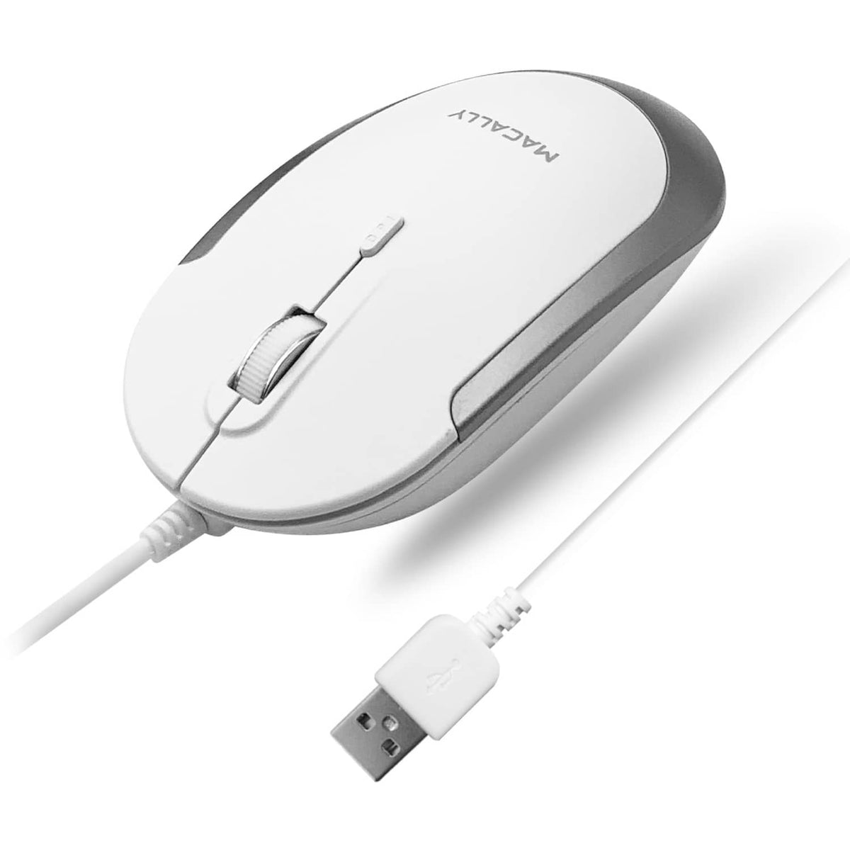 Wired computer mouse, white top with gray side accents and scroll wheel