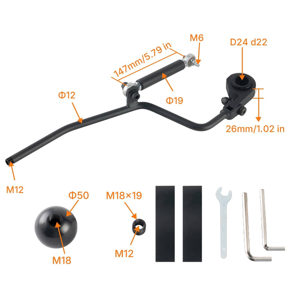 Black hand shifter linkage kit with mounting bracket, knobs, and L-wrenches