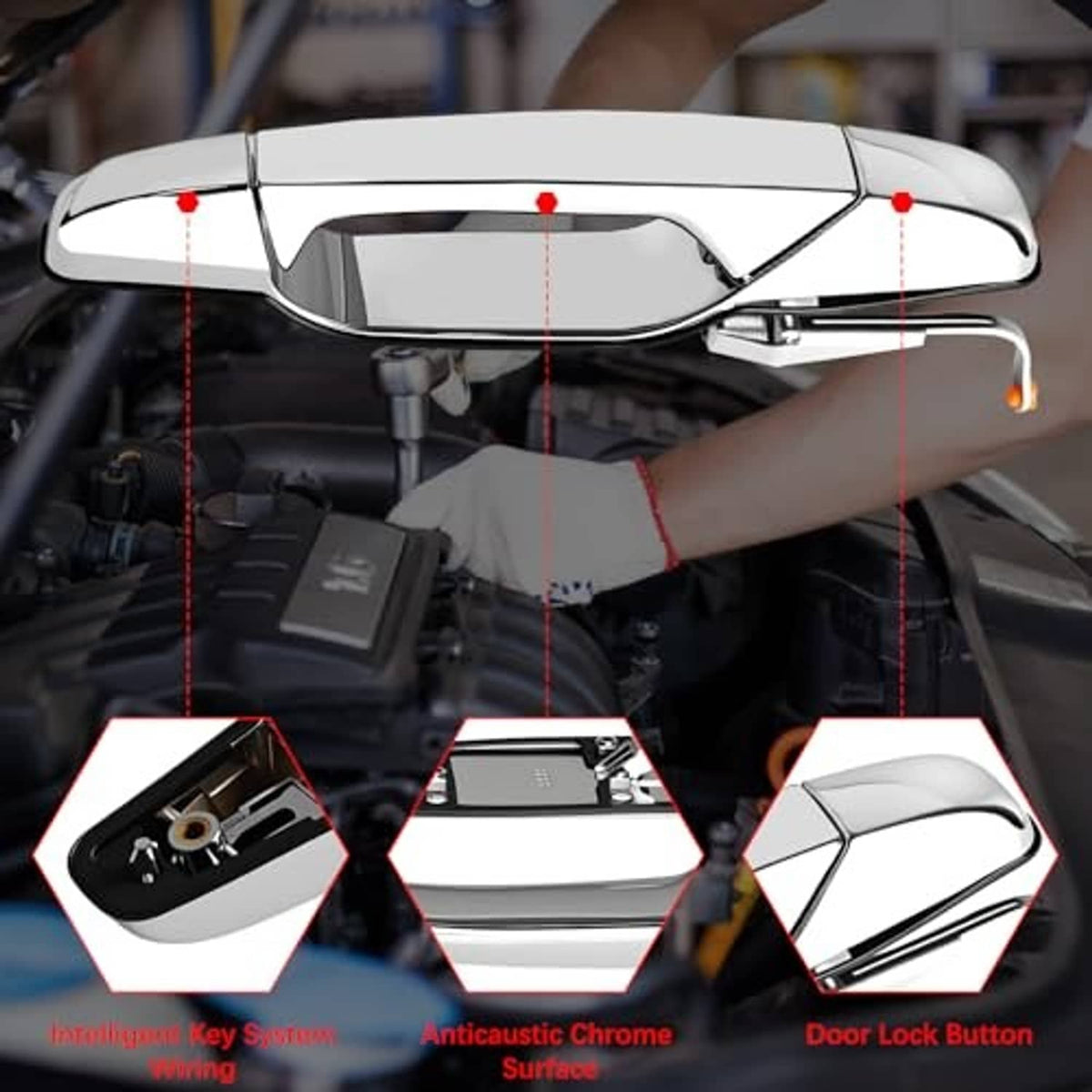 Chrome exterior door handle shown with internal components and mounting bracket