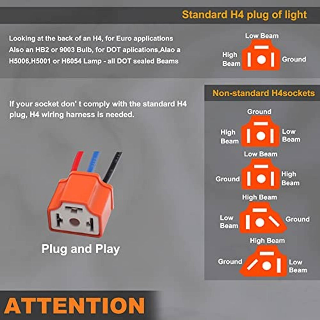 H4 plug and pigtail connector with orange housing and wire leads, front socket view