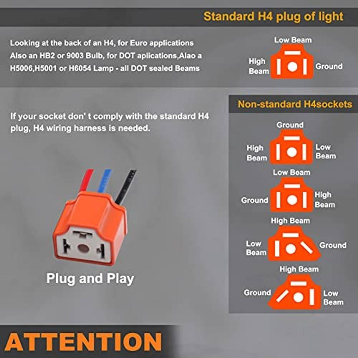 H4 plug and pigtail connector with orange housing and wire leads, front socket view