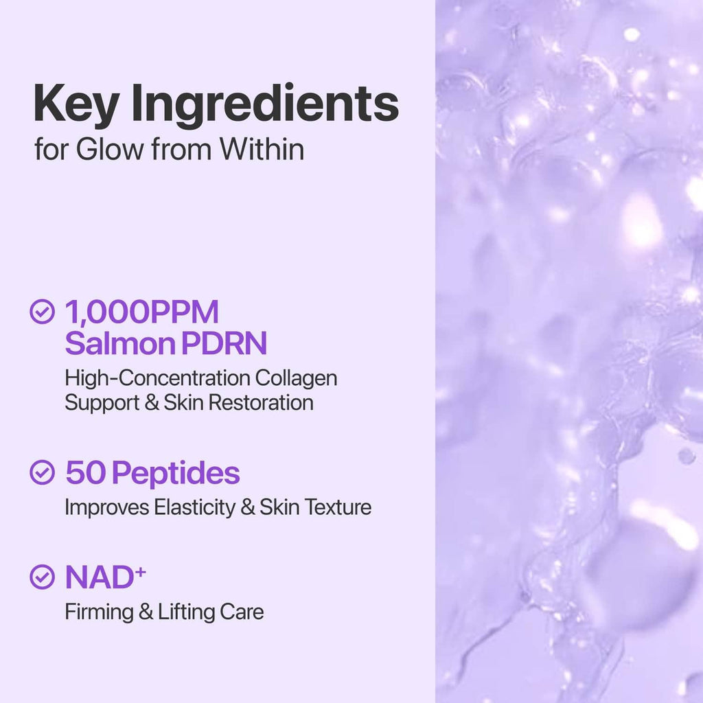 Toner product image with key-ingredient callouts and purple serum swirls