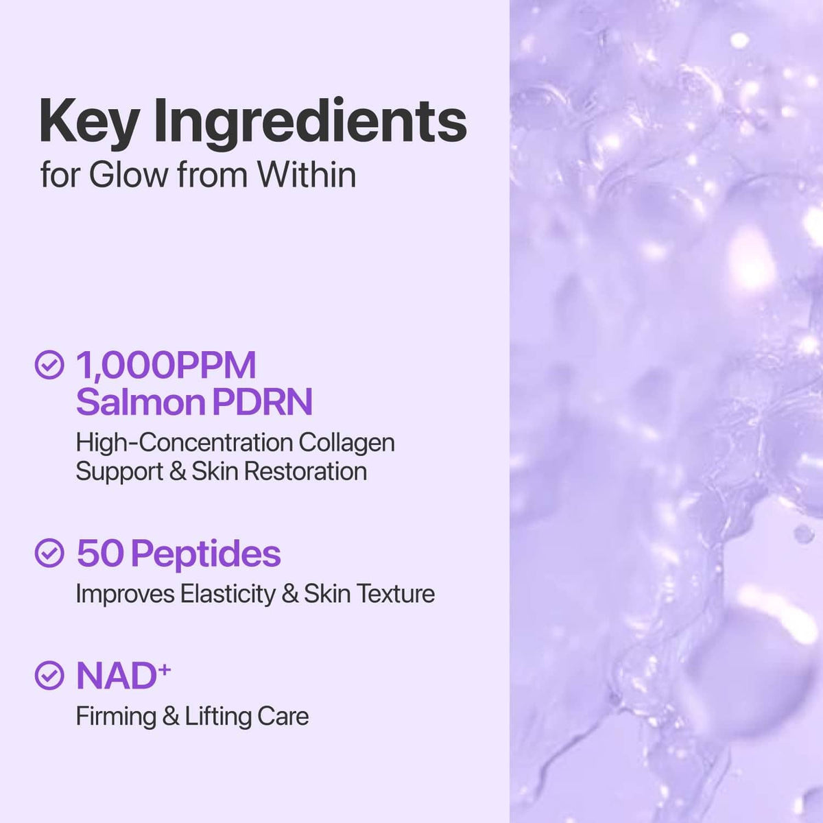 Toner product image with key-ingredient callouts and purple serum swirls