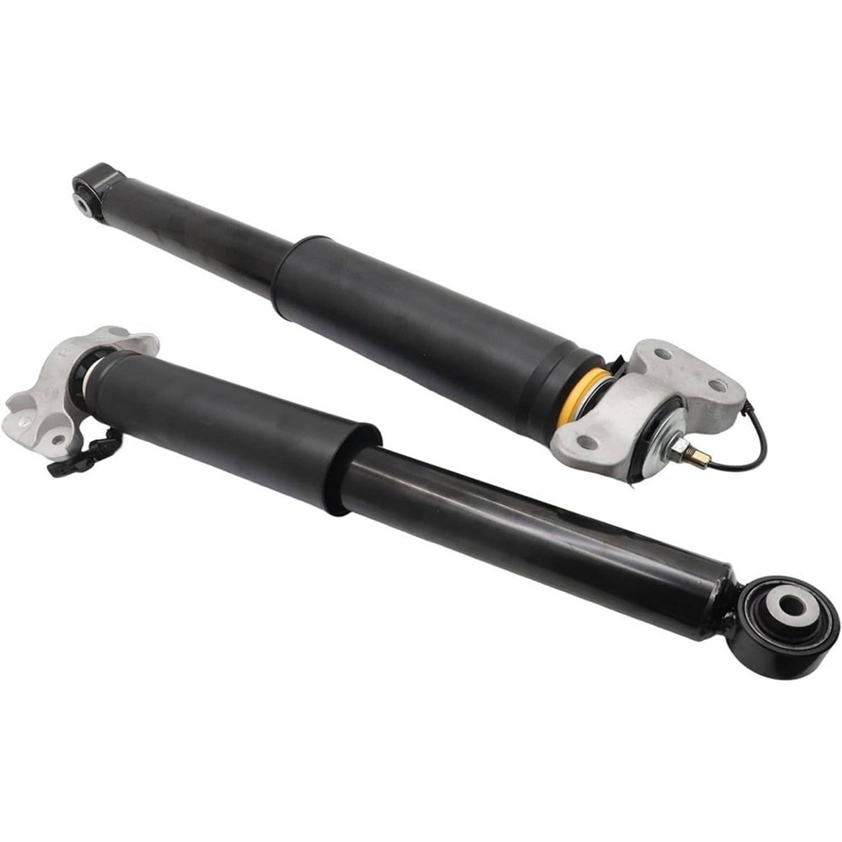 Black rear shock absorber strut set with mounting plates, bushing ends, and sensor wiring