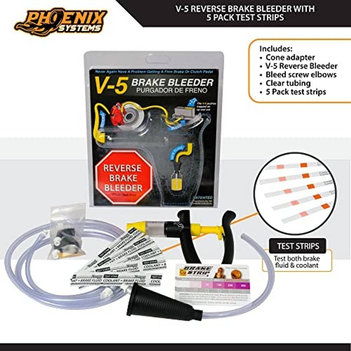 Brake bleeder kit with boxed insert, clear hoses, yellow lever, black pump, test strip card