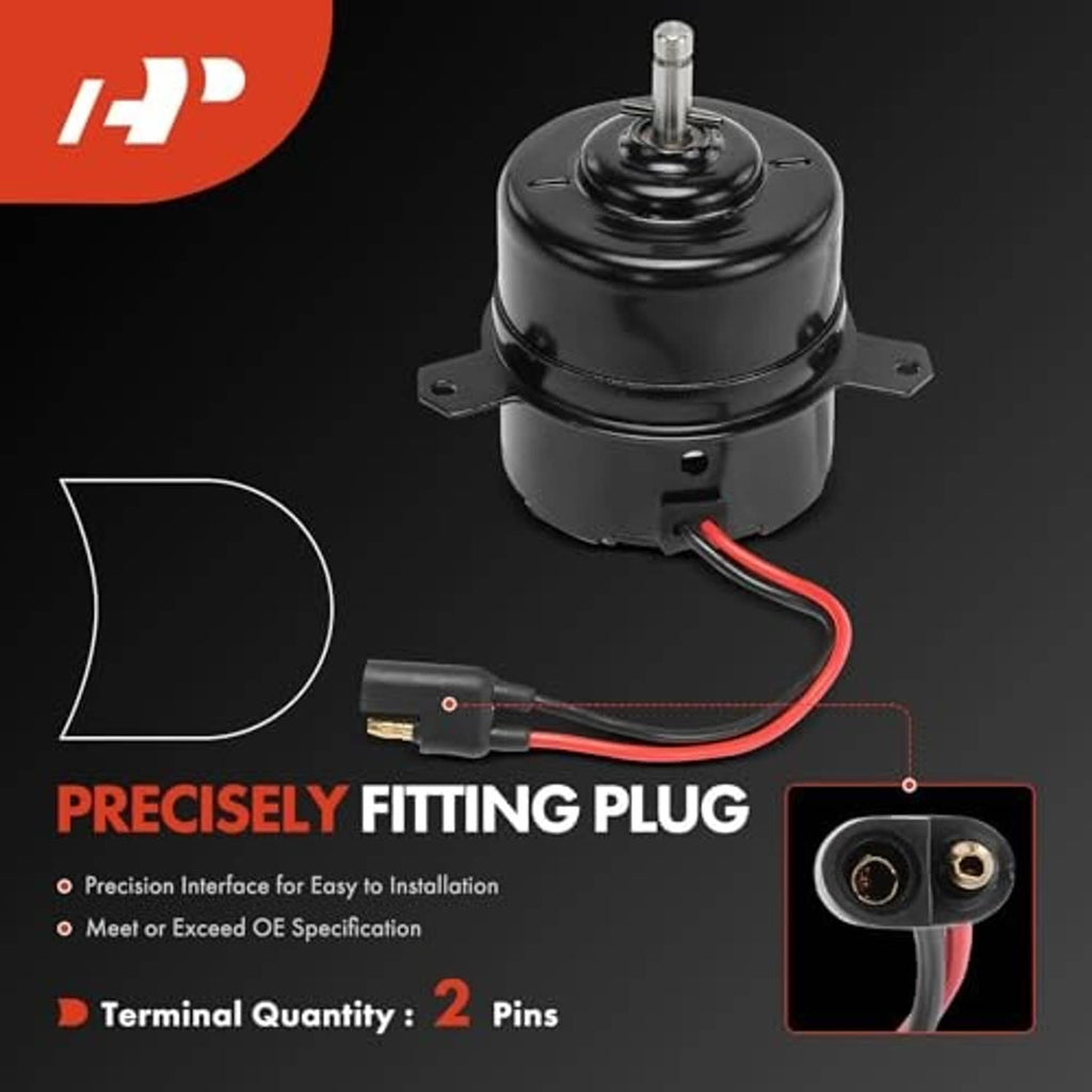 Black radiator fan motor with top shaft and red power wire connector