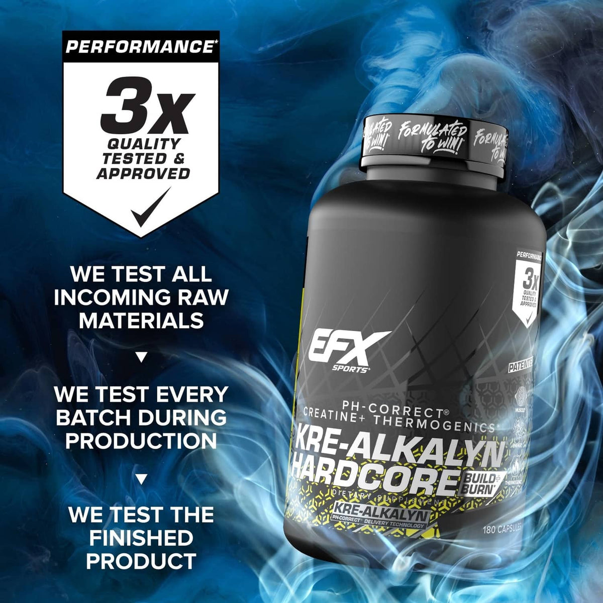 EFX Kre-Alkalyn Hardcore bottle next to Performance 3x quality tested badge