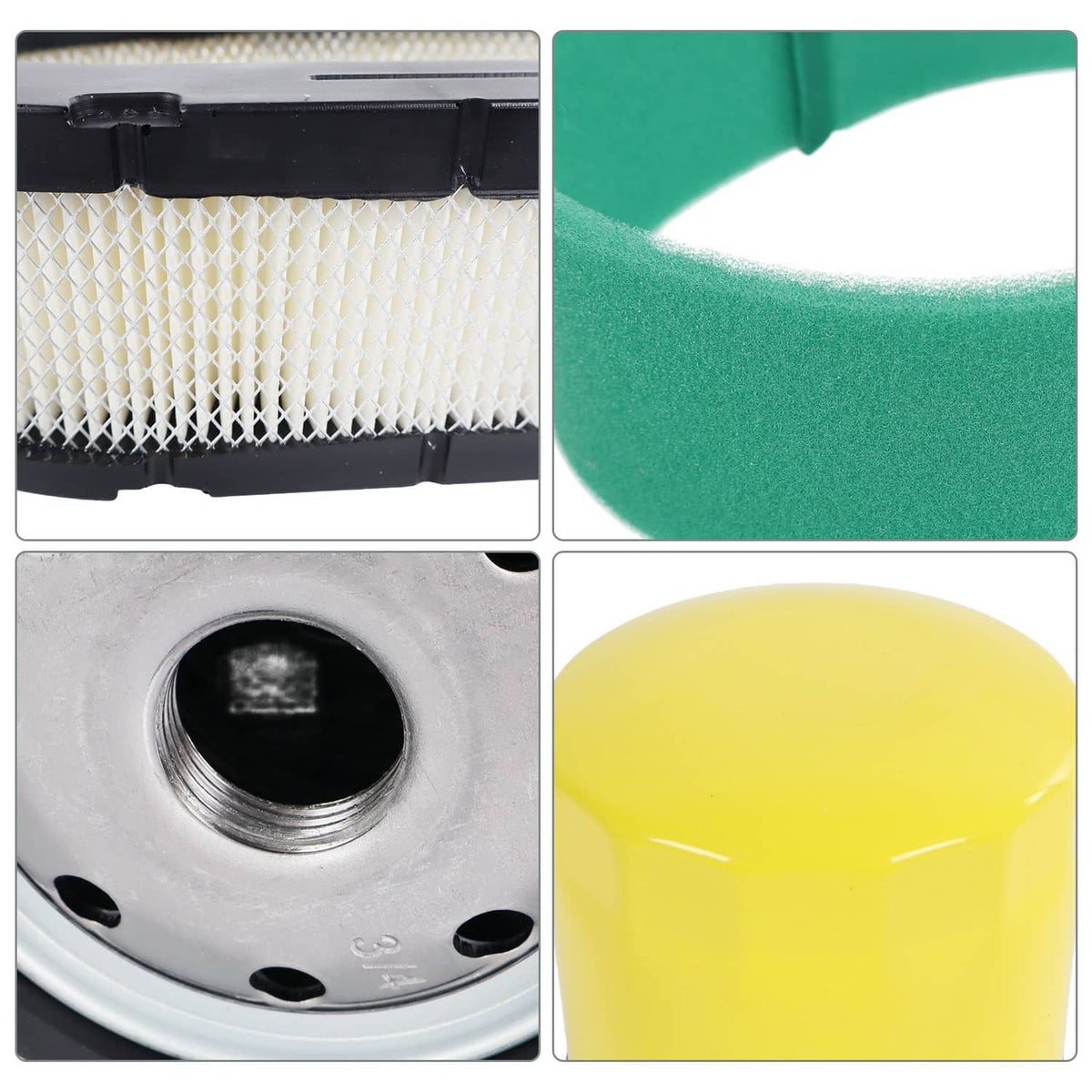 Air filter and oil filter close-up: green foam with pleated media and yellow oil filter top