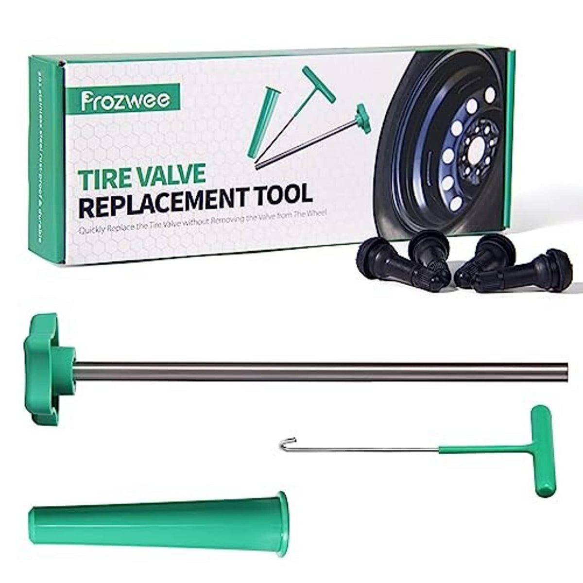 Tire valve replacement tool kit with valve stems, T-hook, and positioning handle
