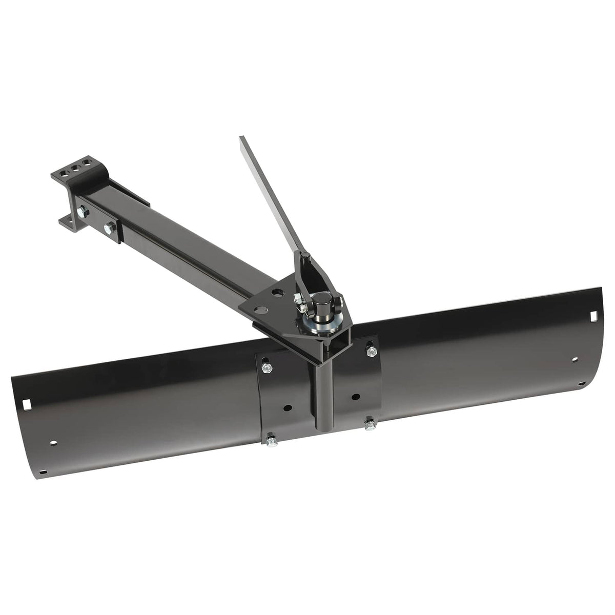 Installed tow-behind scrape blade with hitch mount and curved steel blade, black/gray