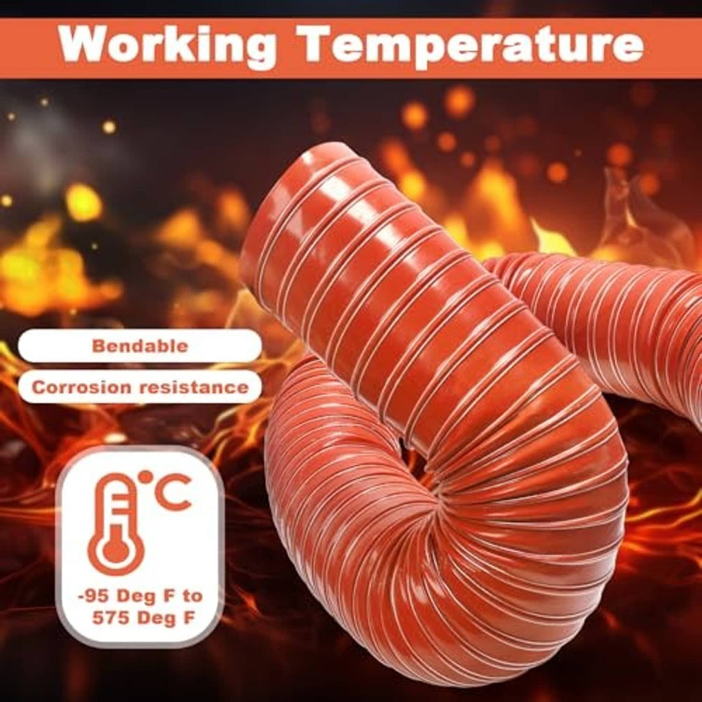 Red corrugated hose with a tight curved section and open metal end.