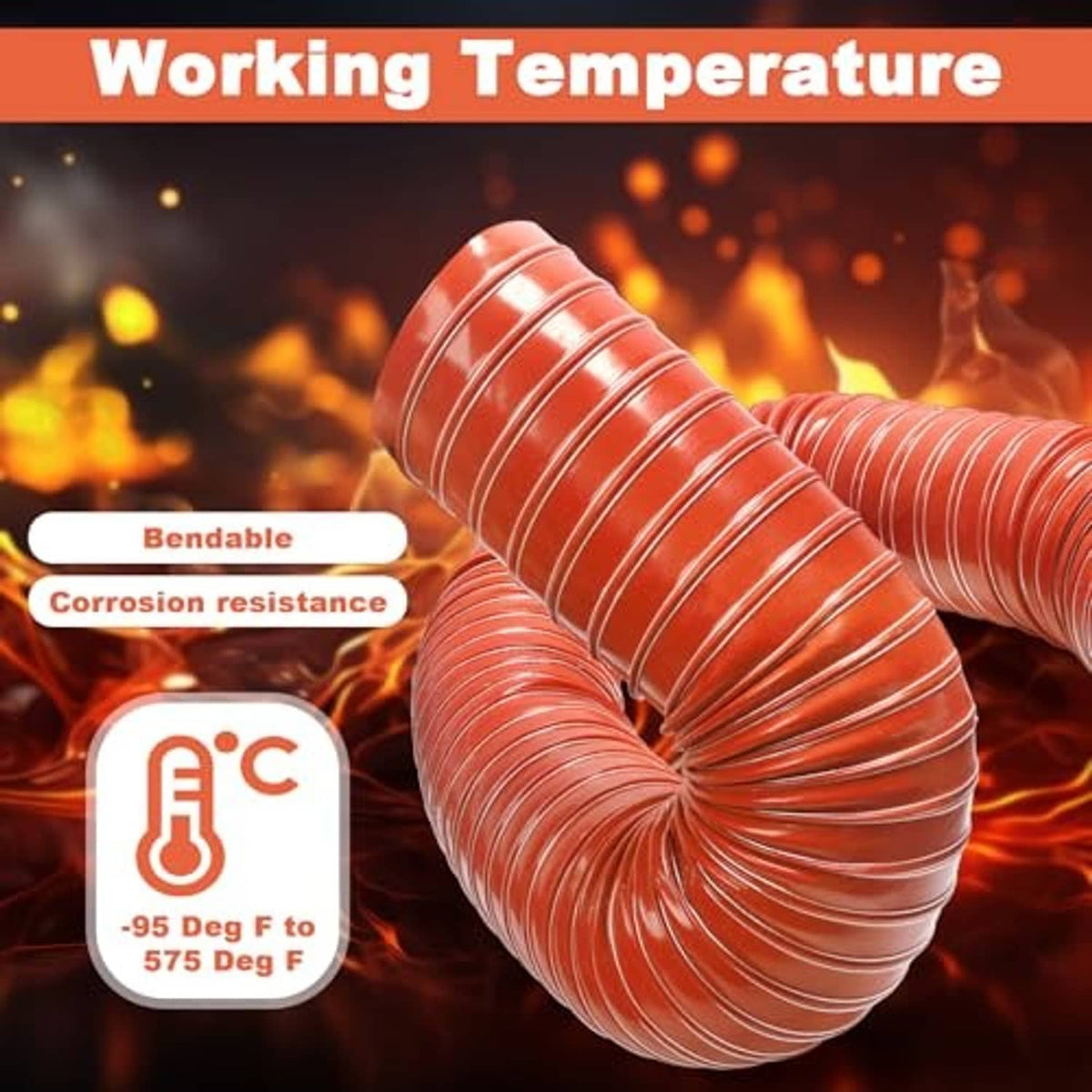 Red corrugated hose with a tight curved section and open metal end.