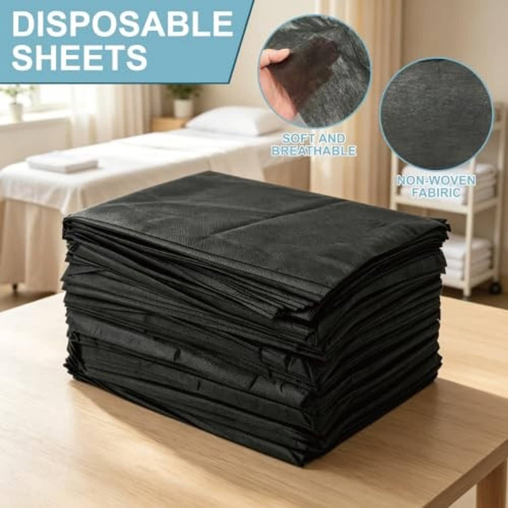 Black disposable massage table sheets, non-woven fabric, neatly stacked bundle