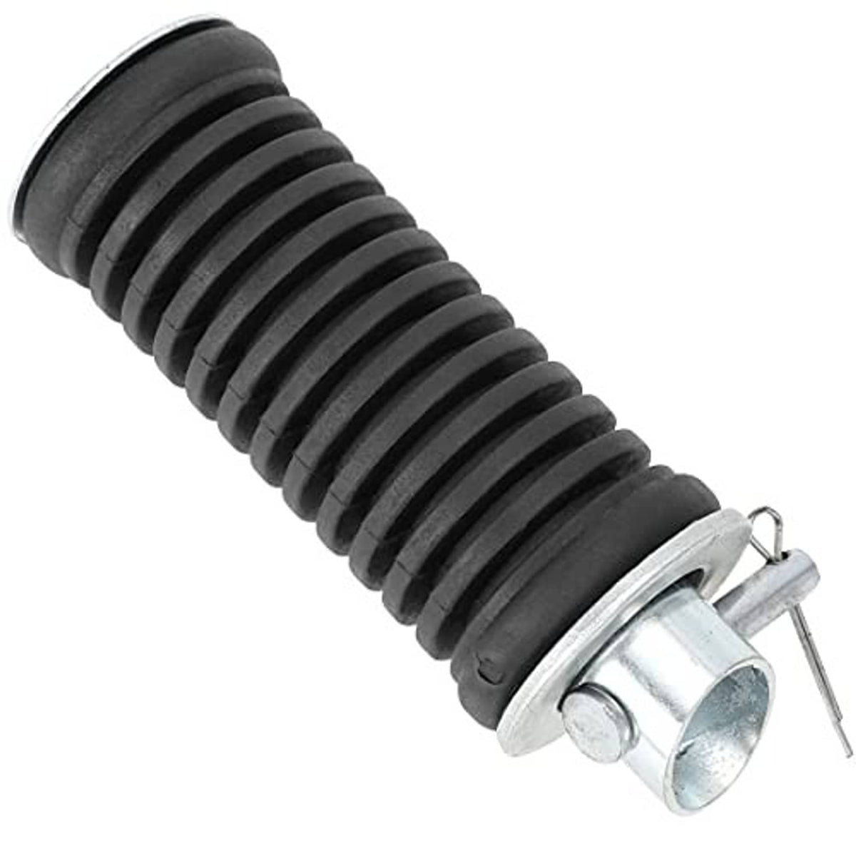 Black ribbed rubber motorcycle footpeg with silver clamp bracket and mounting pin