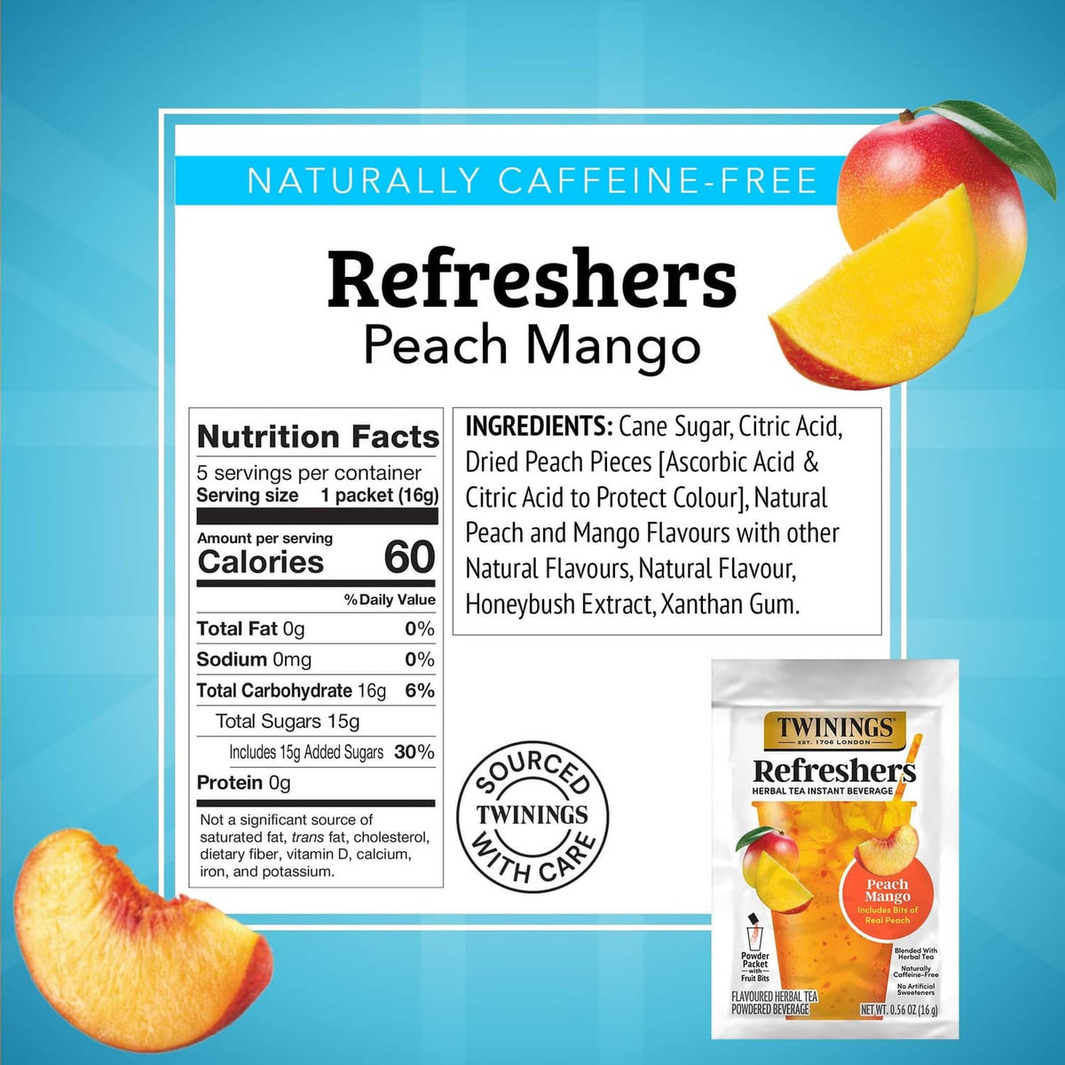 Peach Mango instant herbal tea mix nutrition facts panel with small product box