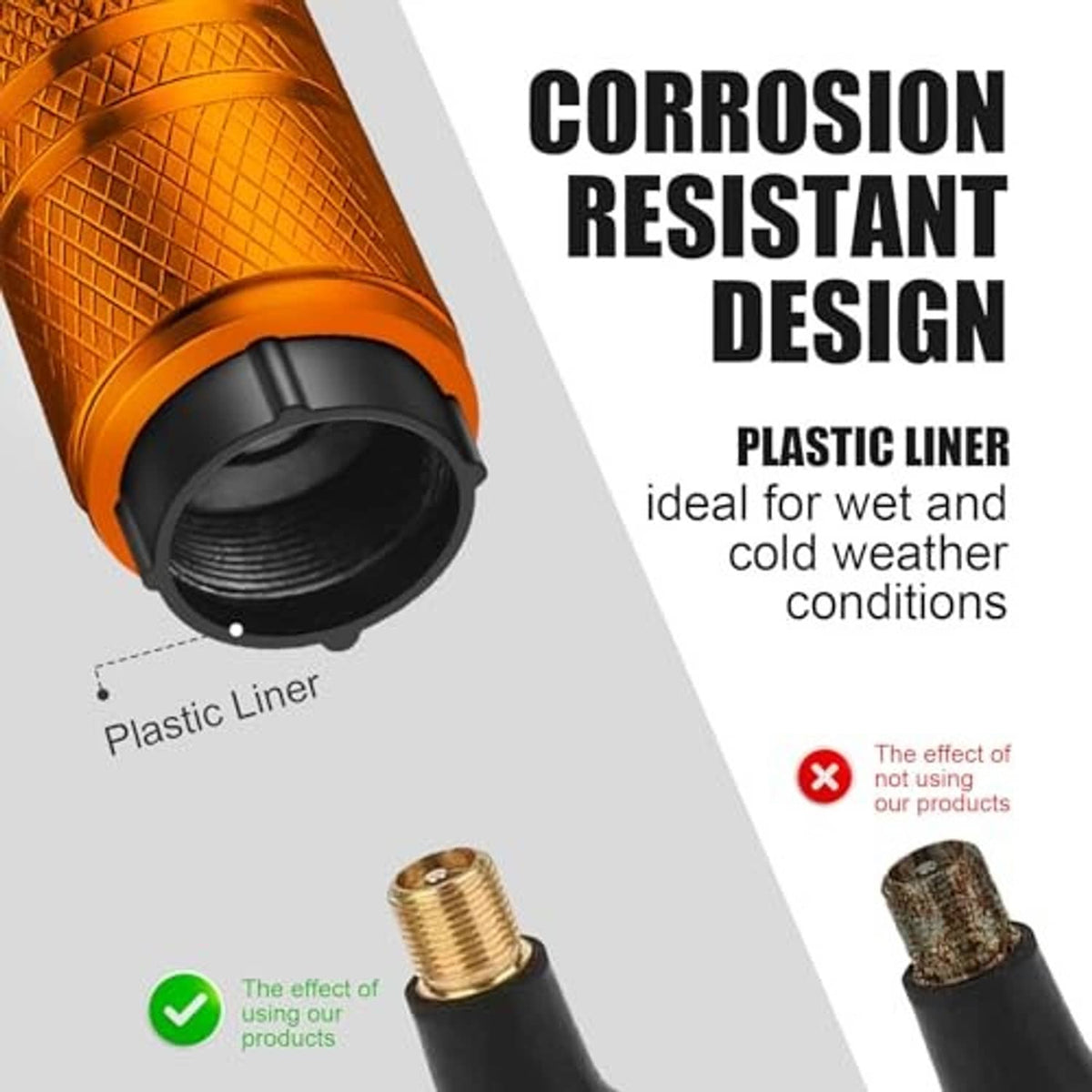 Orange metal tire valve stem cap with black plastic liner and threaded inner