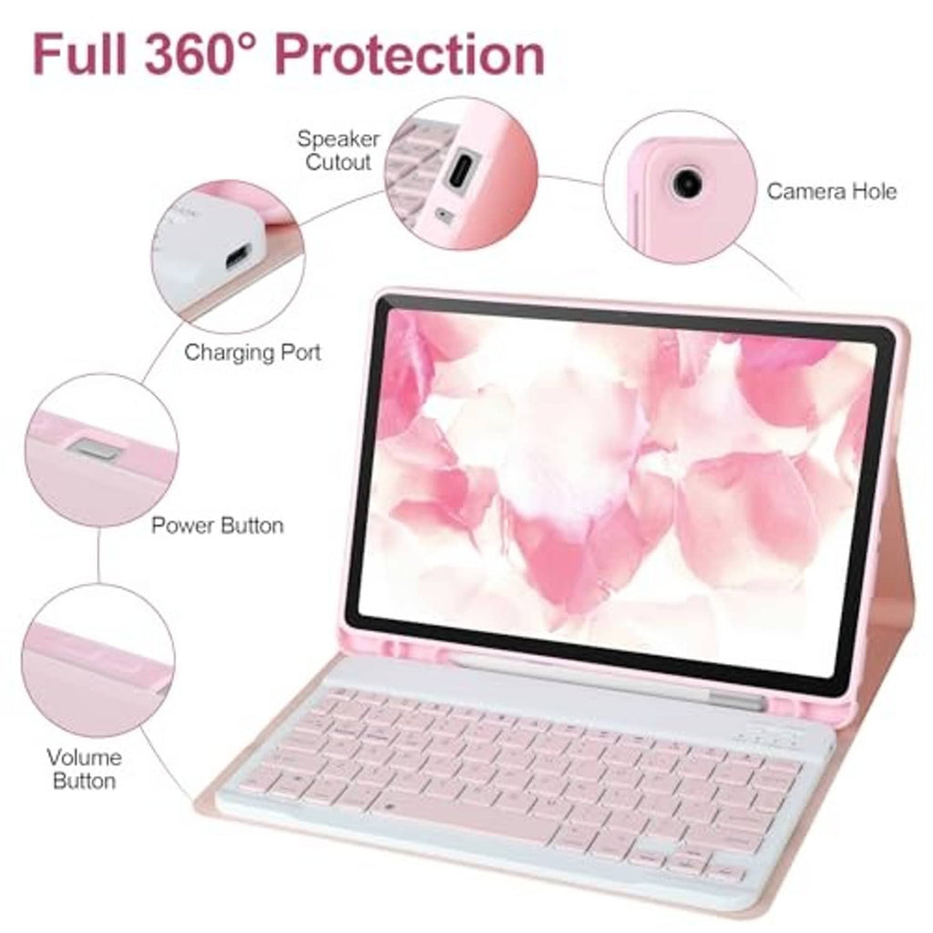 Pink tablet keyboard case with built-in ports and camera hole view