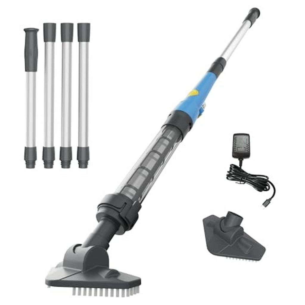 Cordless pool spa vacuum with brush head, extension pole, and power adapter