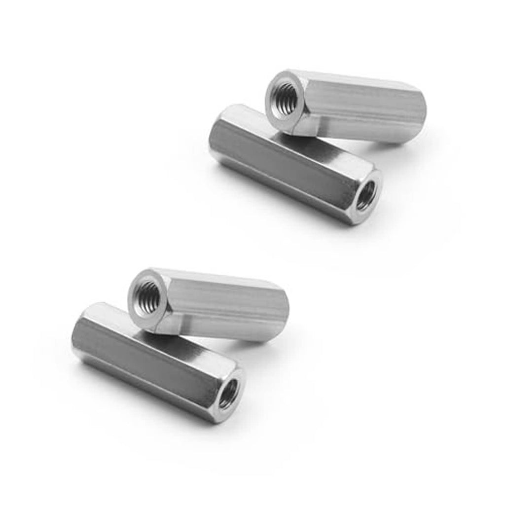 Stainless steel hex coupling nuts, silver cylindrical sleeves with M6 internal threads