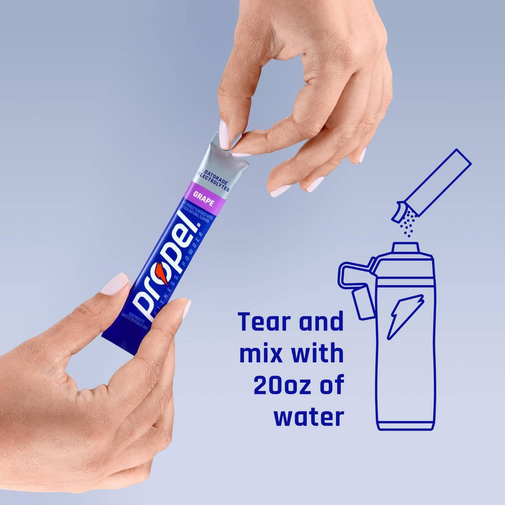 Hands tearing Propel electrolyte mix packet for mixing with 20 oz water