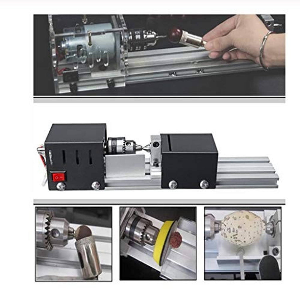 Wood lathe machine shown with rotating chuck and tool rest on the metal rail bed