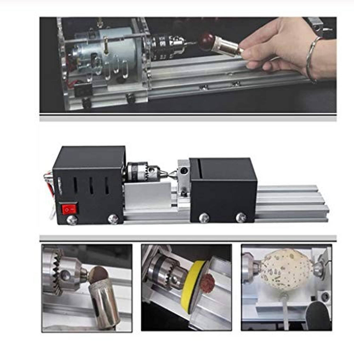 Wood lathe machine shown with rotating chuck and tool rest on the metal rail bed