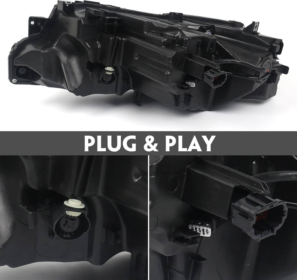 Right LED headlight housing with black plastic cover and connector ports