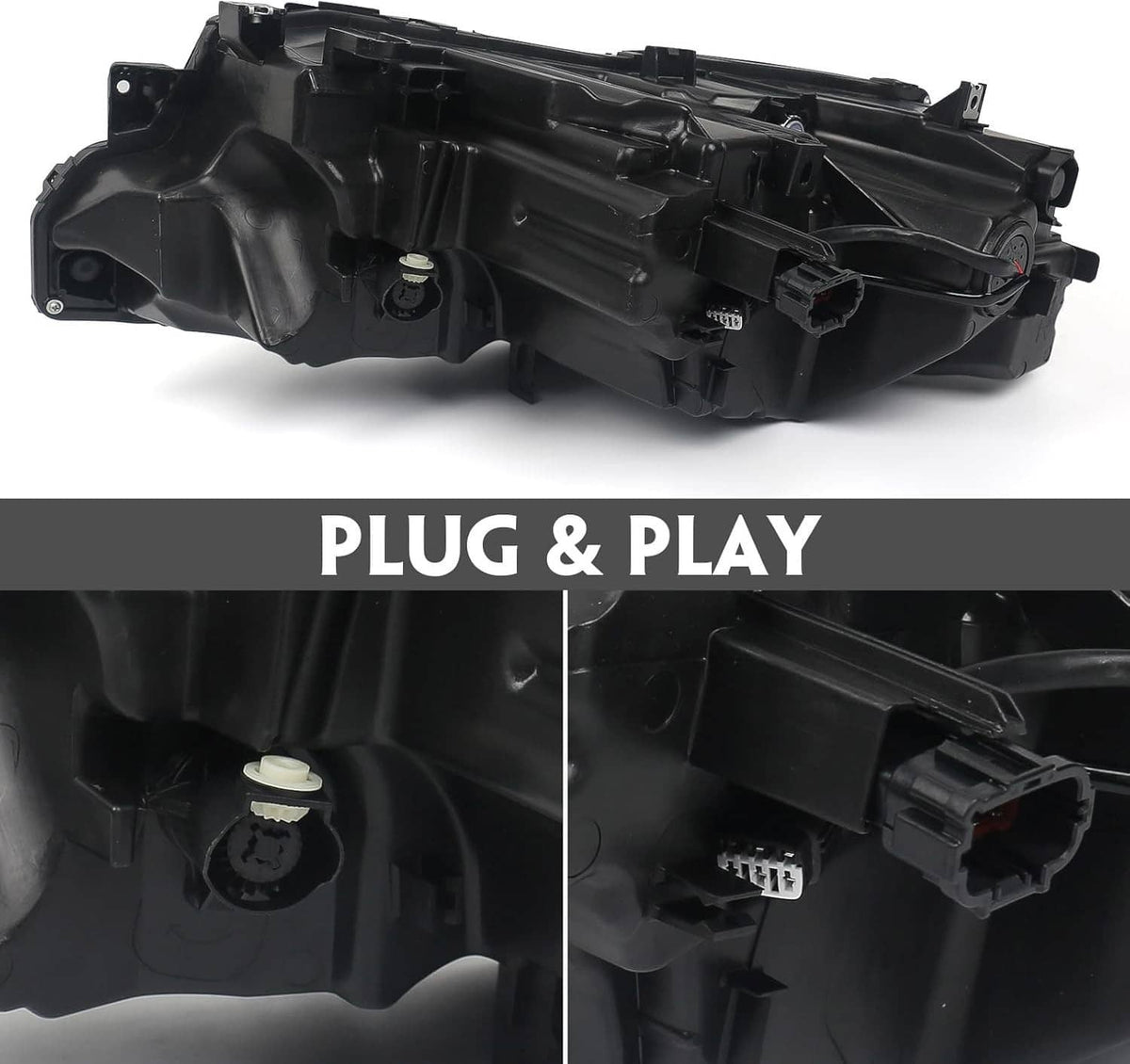 Right LED headlight housing with black plastic cover and connector ports