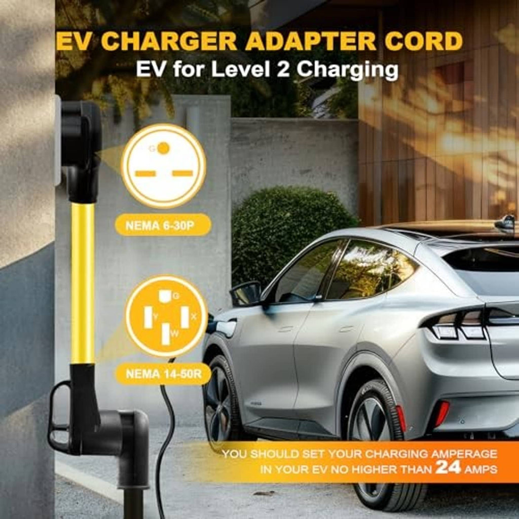 Yellow EV charger adapter cord with NEMA 6-30P and NEMA 14-50R connectors