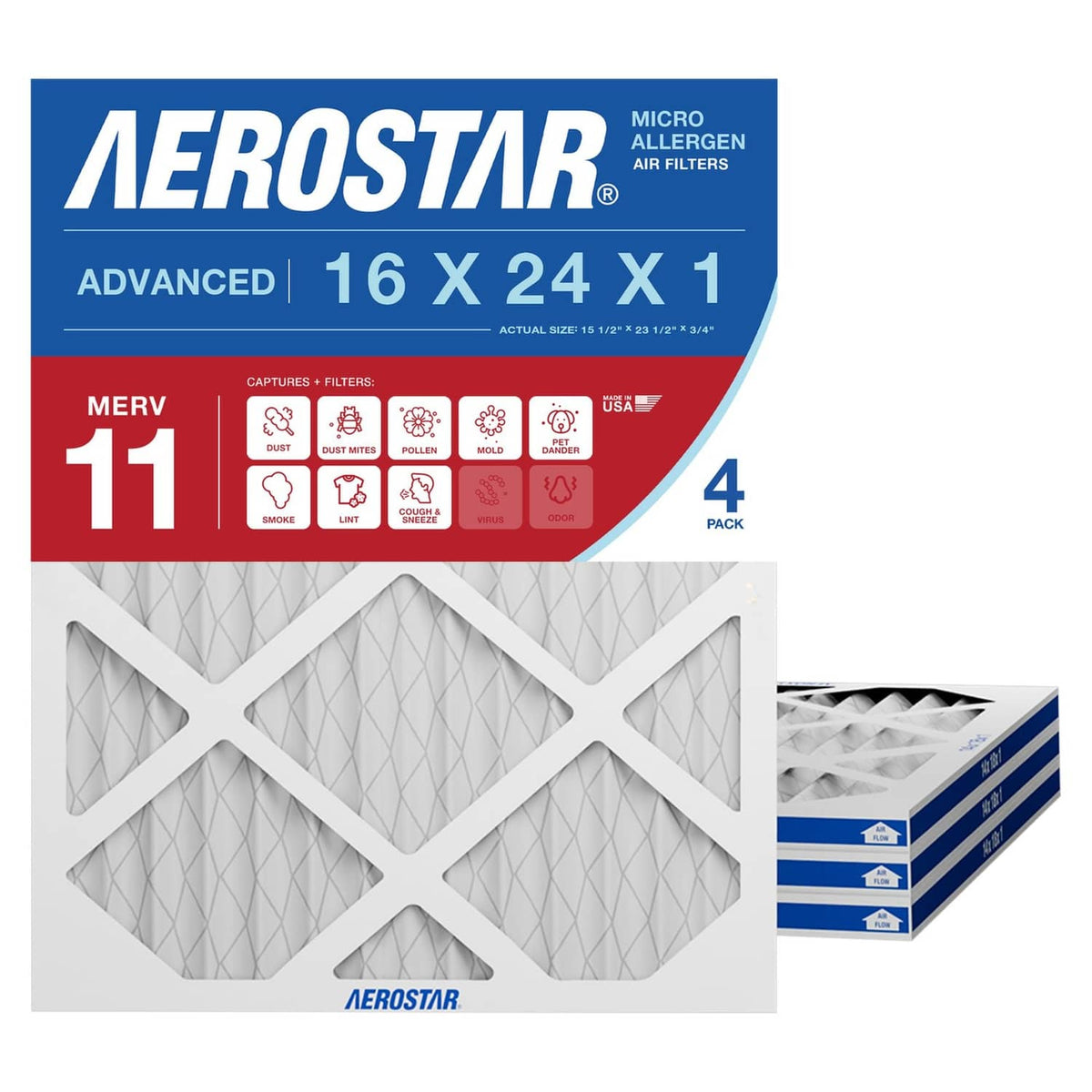 Pleated HVAC air filters, MERV 11, 4-pack, white media with grid pleats