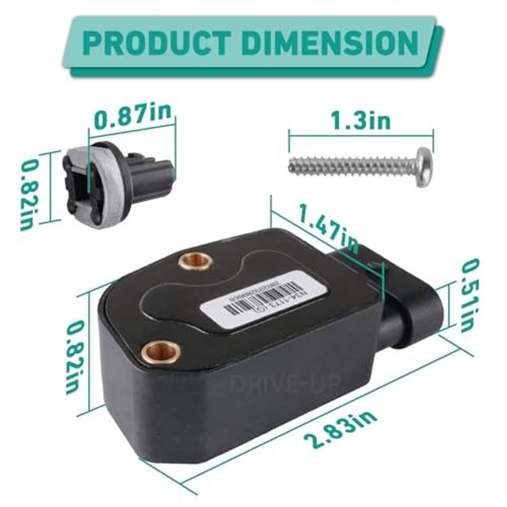 Throttle sensor and two mounting screws with labeled size dimensions