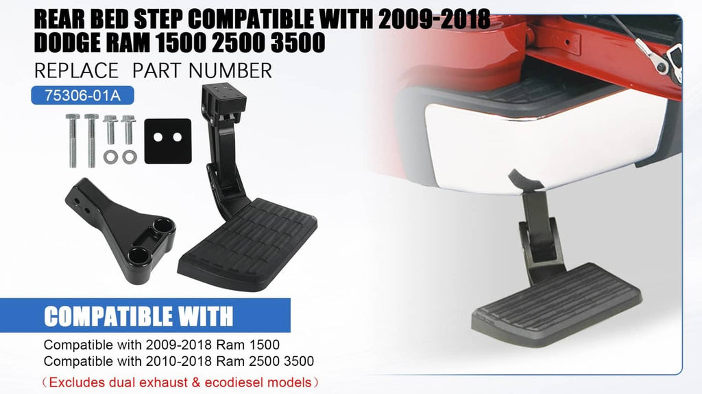 Rear tailgate retractable step kit with black arm, foot pad, and mounting hardware