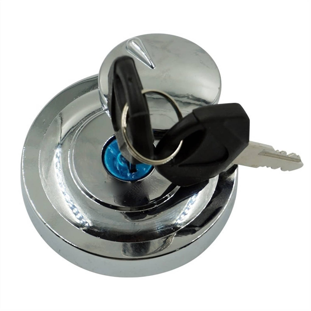 Chrome fuel tank cap with blue lock and two black keys inserted