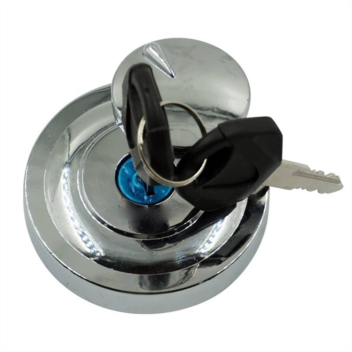 Chrome fuel tank cap with blue lock and two black keys inserted
