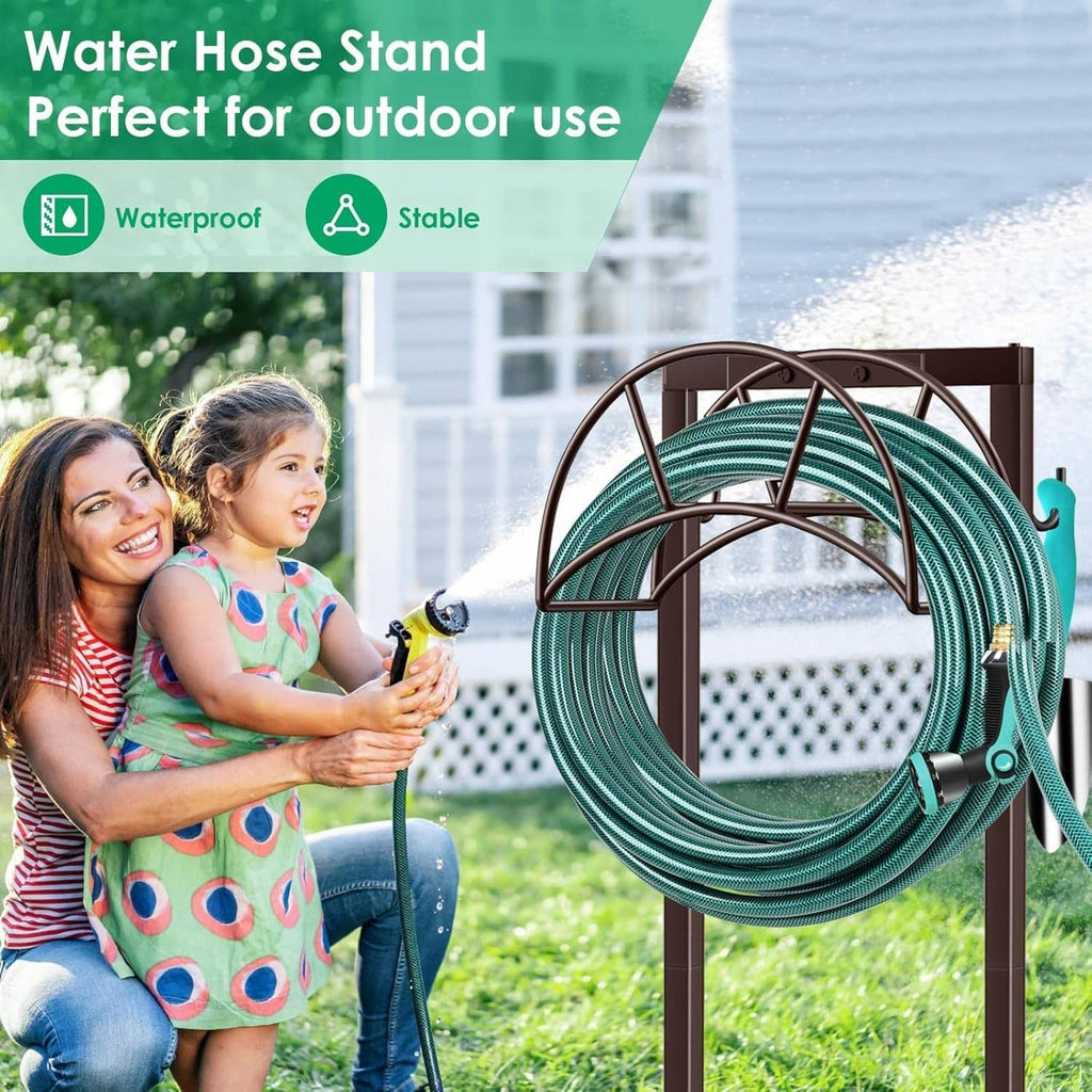 Bronze garden hose stand with teal hose coil and side hooks