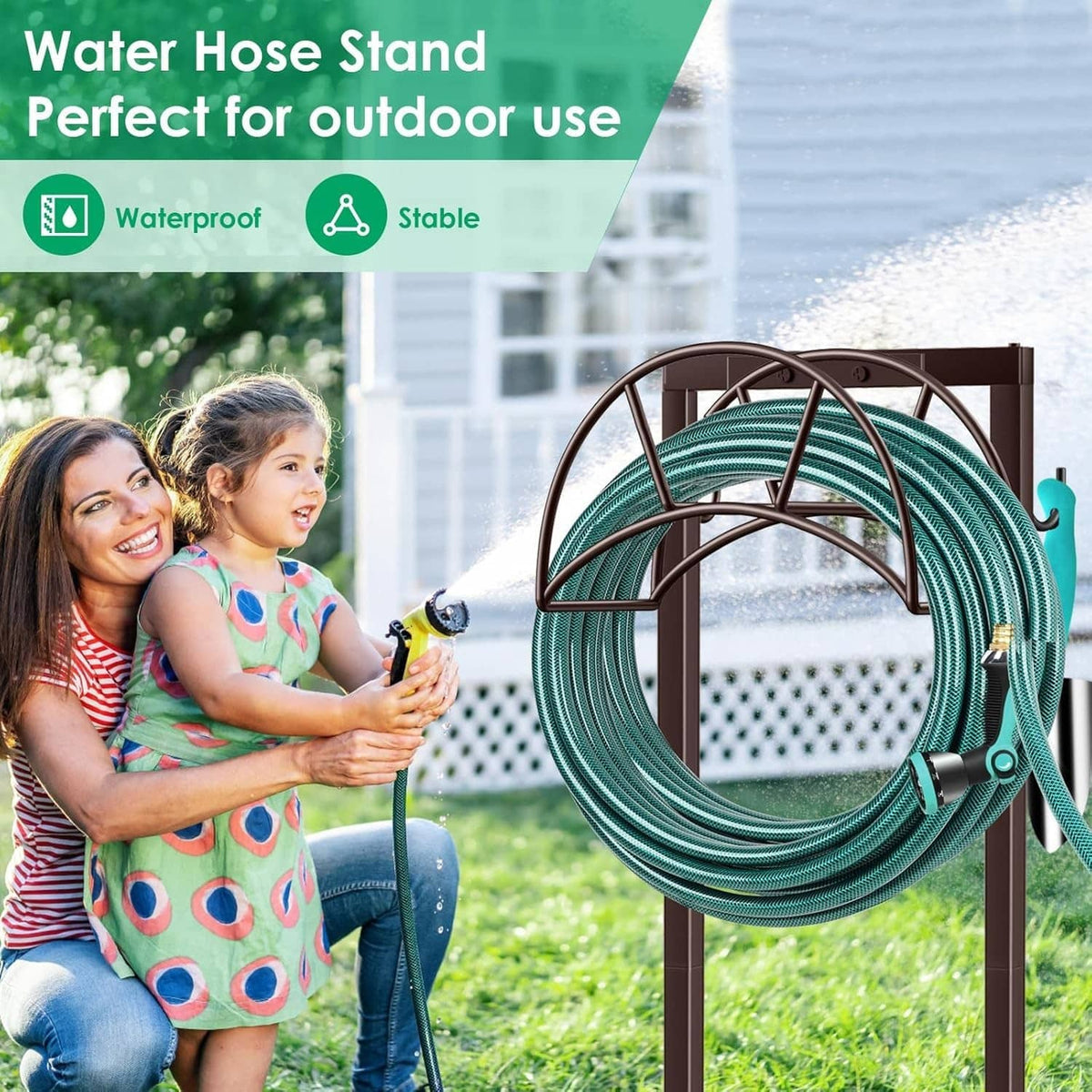 Bronze garden hose stand with teal hose coil and side hooks