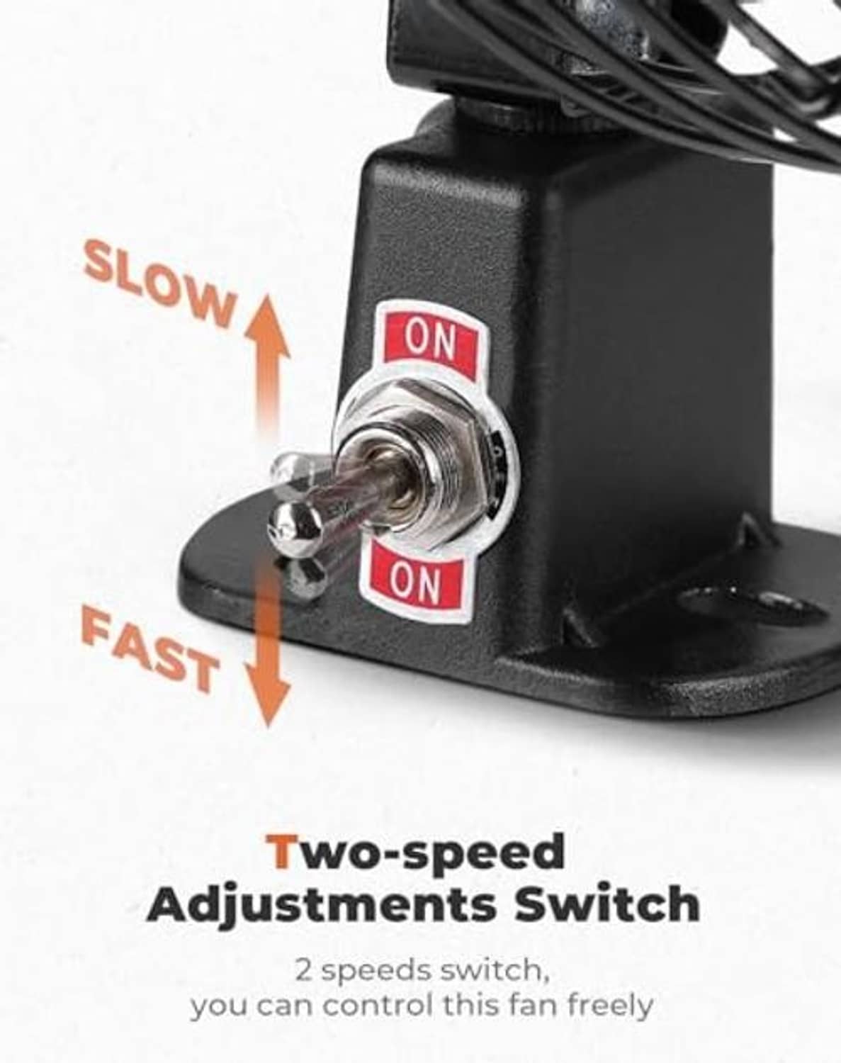 Two-speed switch on 12V cooling fan base with slow and fast ON settings