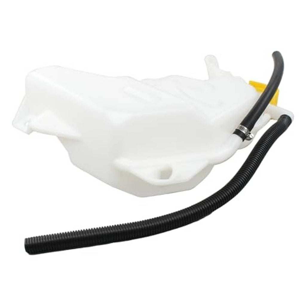 White coolant recovery tank with yellow cap and two black hoses with metal connector
