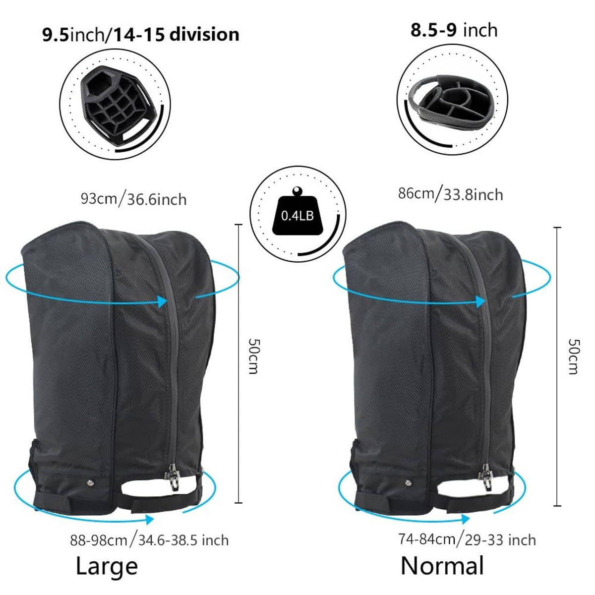 Large black waterproof golf bag rain cover with drawstring base and size range