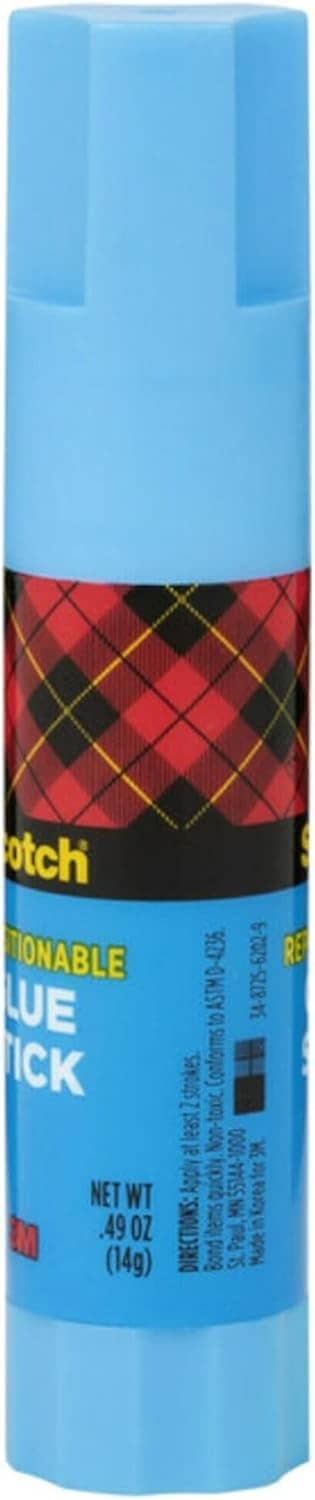 Light blue glue stick with red plaid band and Scotch logo on label