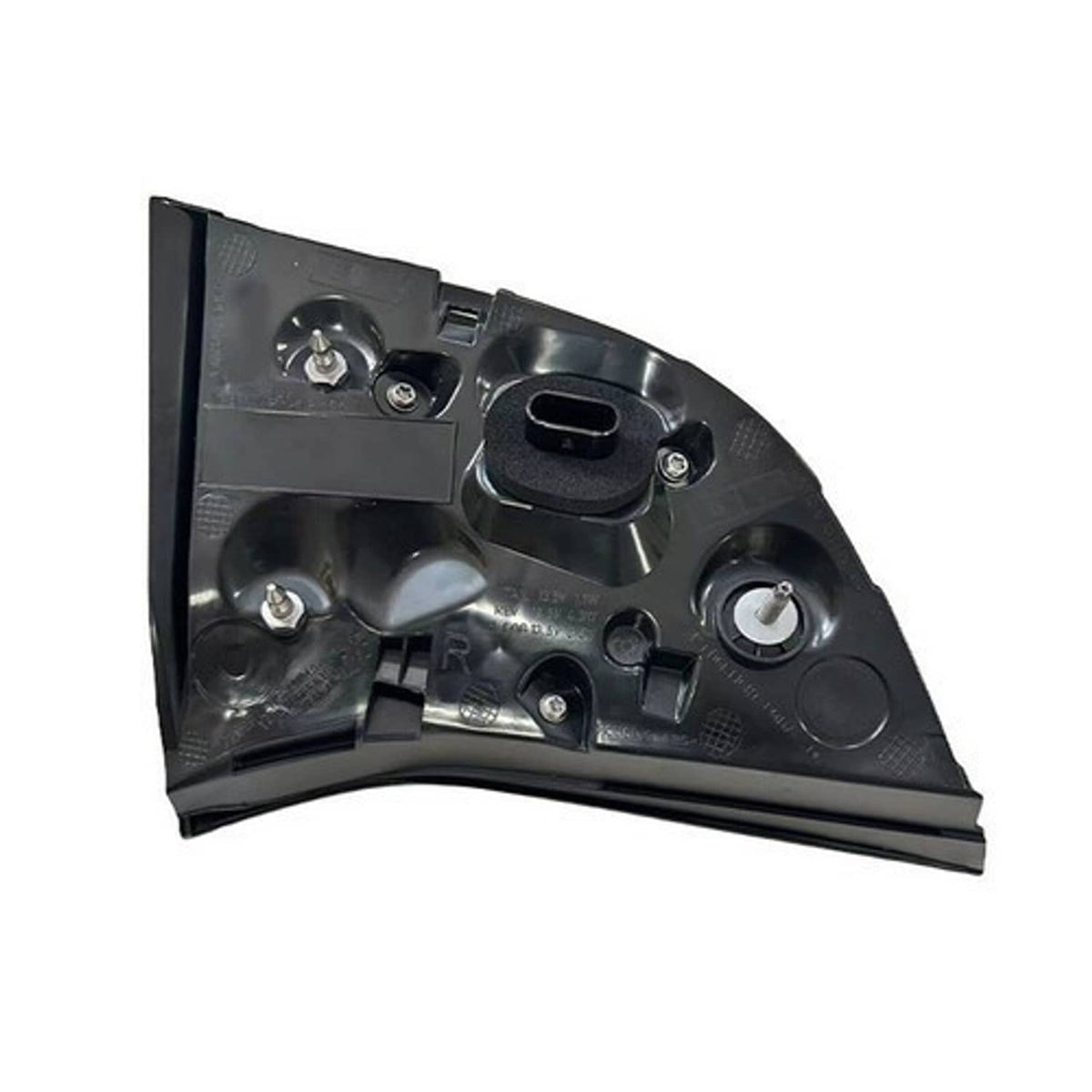 Right tail light back plate with mounting screws and 4-pin wiring socket, dark housing.