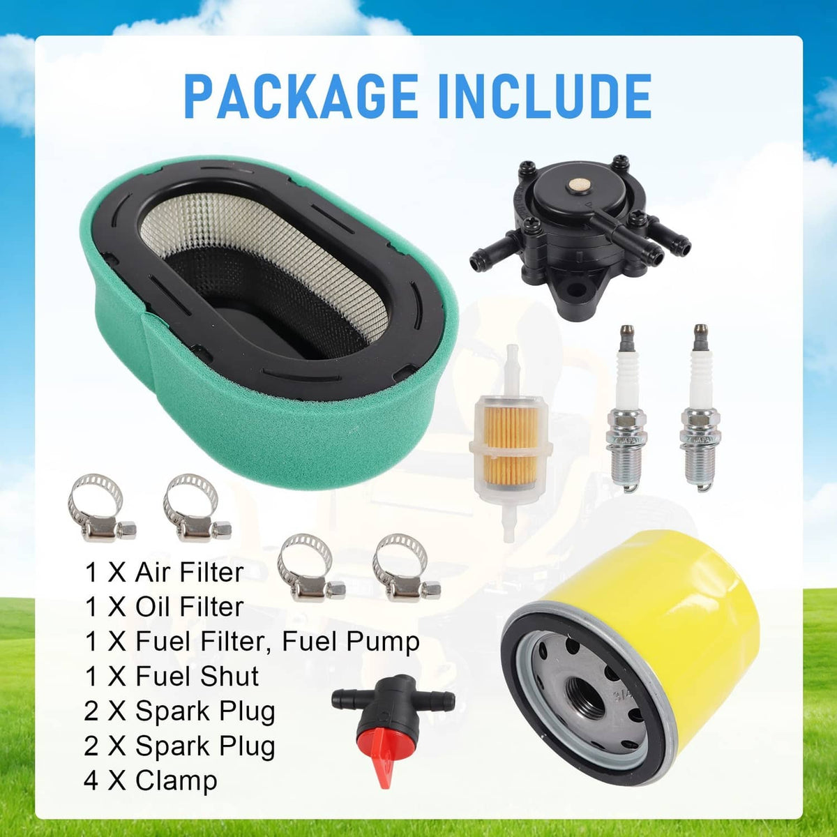 Air filter tune-up kit components: green air filter, yellow oil filter, fuel filter, and spark plugs