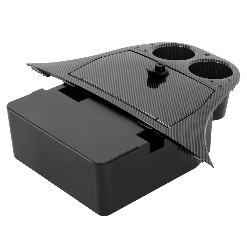 Carbon-fiber style golf cart dash storage compartment with dual cup holders