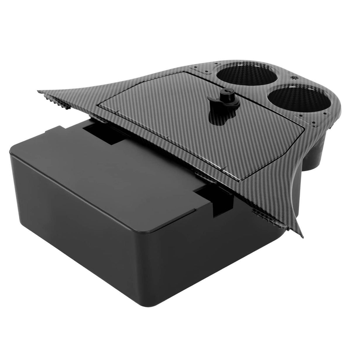 Carbon-fiber style golf cart dash storage compartment with dual cup holders