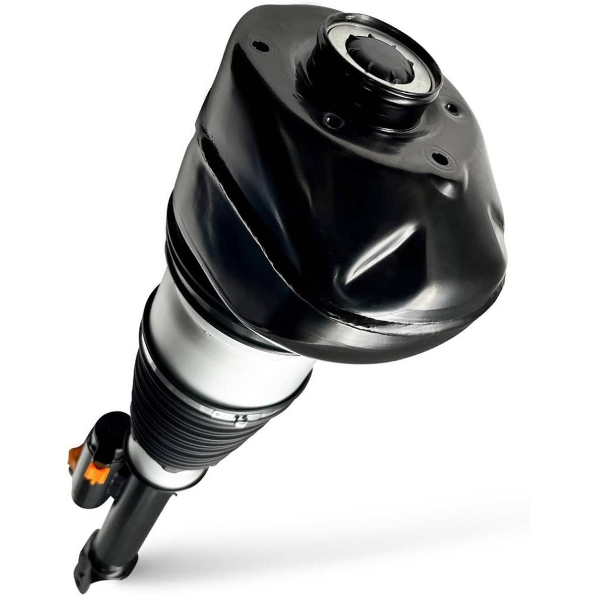 Air suspension shock strut with black air spring housing, silver sleeve, and mounting bracket